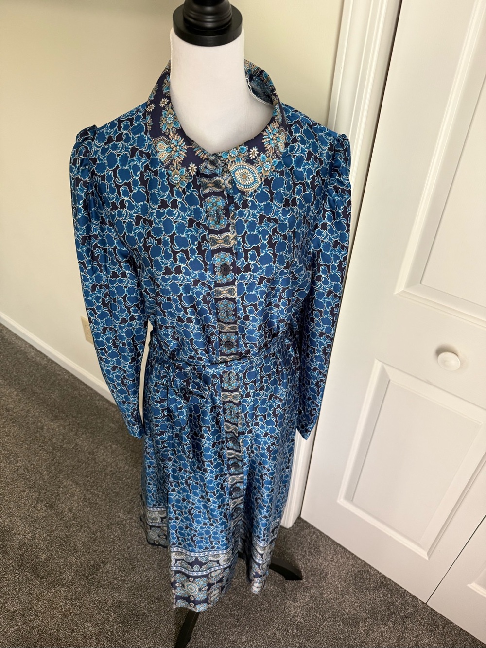 Blue Patterned Long Sleeve Midi Dress with Waist Tie